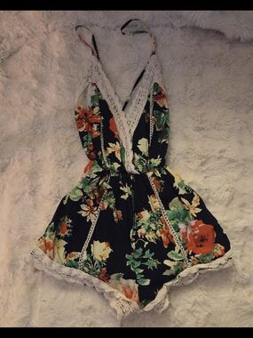 In the Beginning Rose Floral Lined Halter Romper With Lace Trim M